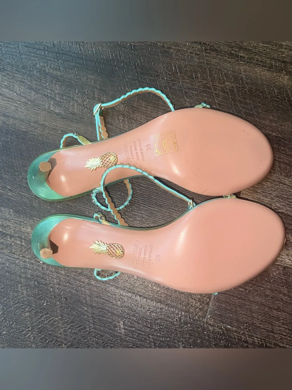 Aquazzura Metallic Mint Green Scalloped Strap Heels 39